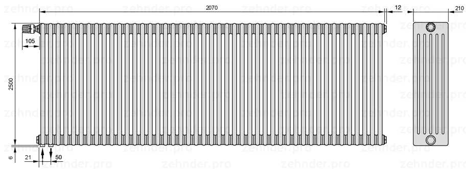 Схема (чертеж) Радиатор Zehnder Charleston 6250/45 №V001 Белый глянцевый RAL 9016